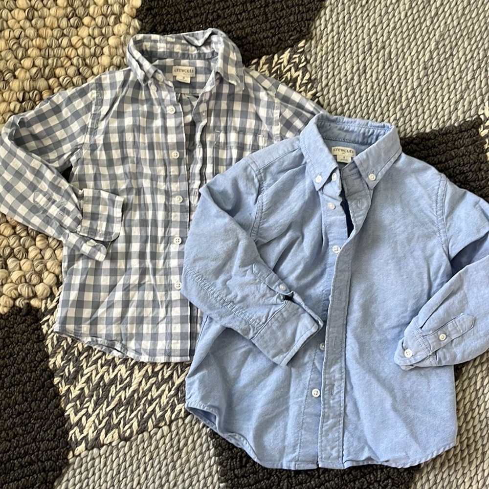 Two 3T Crewcuts Blue Gingham and Solid Blue Button Downs